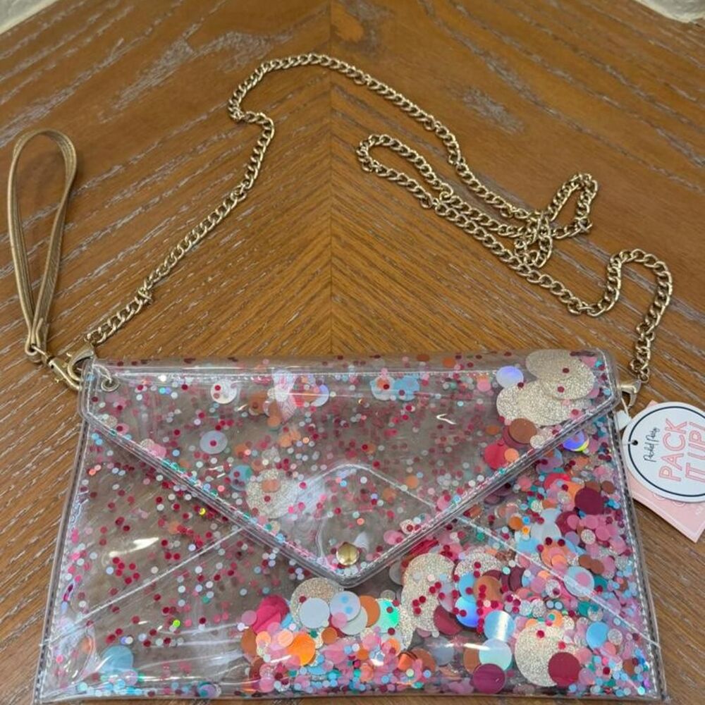 NWT Packed Party Confetti Glitter Clear Envelope Crossbody Wristlet Bag